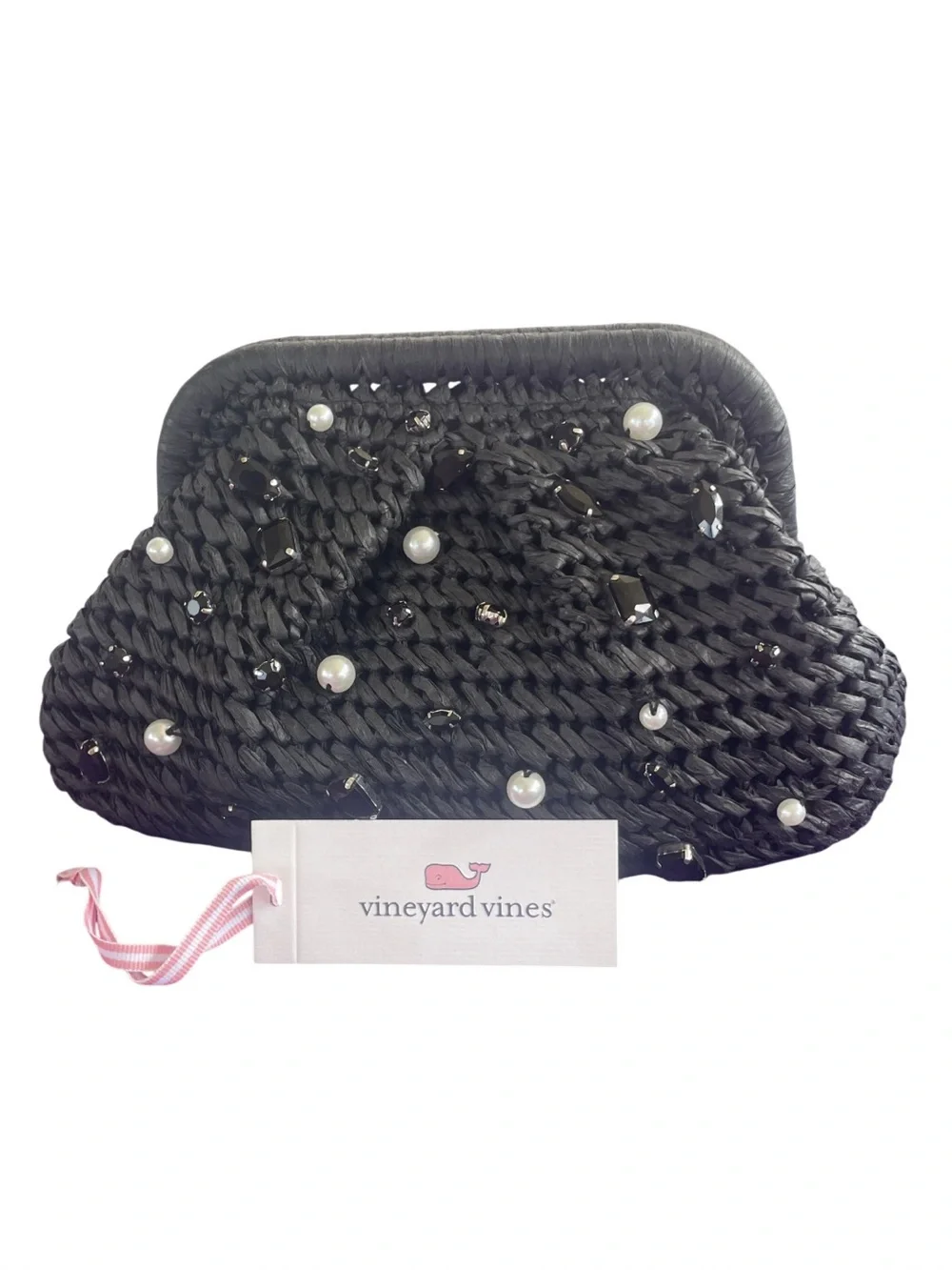 Vineyard Vines Black Sequin Pearl Embellished Frame Clutch Bag BNWT
